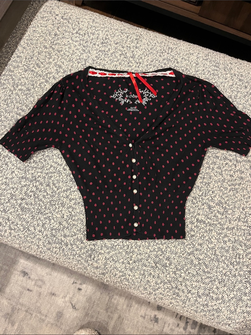 le chateau Black Knit Button-Up Top with Red Polka Dots